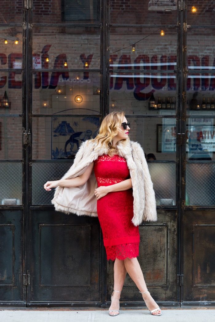 Christine Cameron wearing Nicole Miller red lace midi length dress with zara silver strappy sandals and top shop faux fur jacket 4