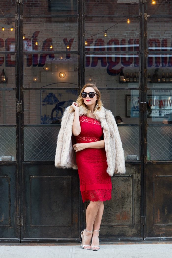 Christine Cameron wearing Nicole Miller red lace midi length dress with zara silver strappy sandals and top shop faux fur jacket 5